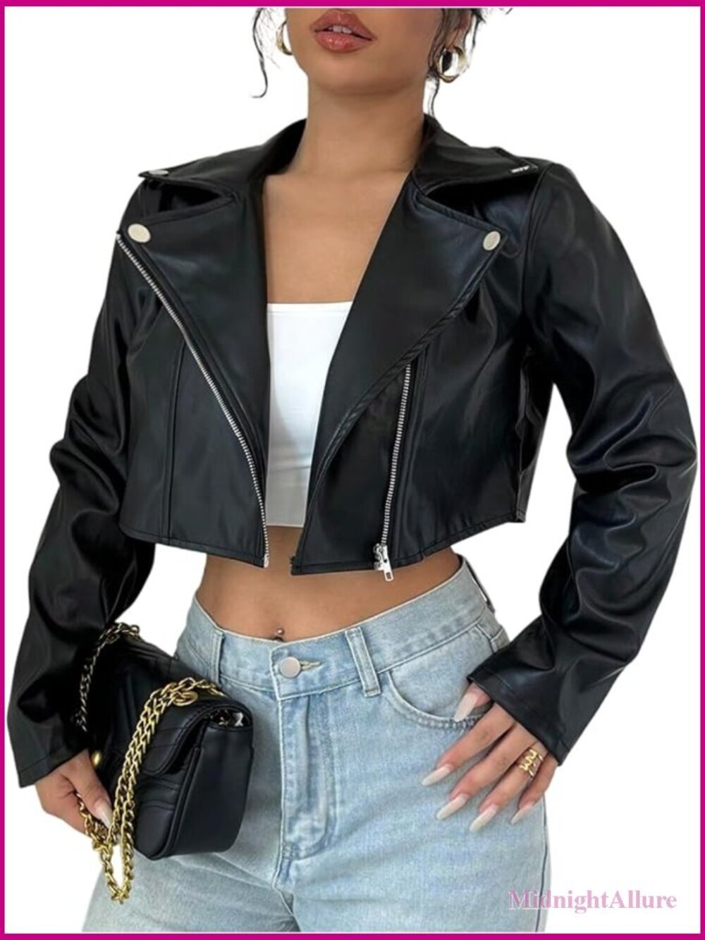 PU Leather Cropped Moto Jacket Zip Up Faux Leather Coat